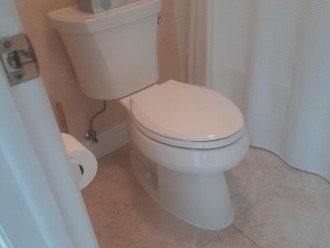 New "High Chair" toilet (2023) in master bedroom bath plus shower with tub