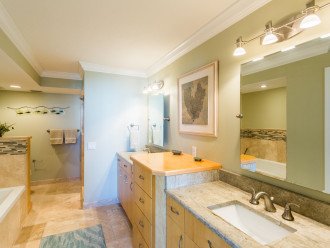 Updated primary bath with separate tub + shower, dual sinks