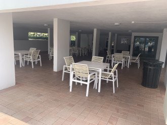 Covered area next to the pool and grilling station.