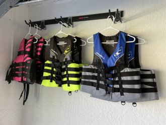 Amenities to Use in the Garage(Life Jackets - 2 Pink, 2 Lime Green & 2 Blue). Varies sizes!