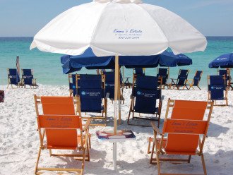 Welcome to the private beach! Four chairs and an umbrella are provided!