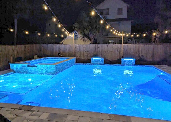 Extra LED lights over the pool for night time swim & spa