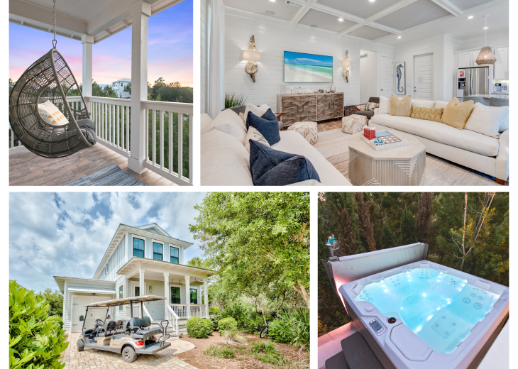 Blissful Stay 30A: Luxe 4BR/3BA Retreat, Private hot tub 6-seater Golf Cart, Multiple Outdoor Spaces, Heated Pool, 3 King, 1 Queen bed, 8 Full Size Bikes, FirePit