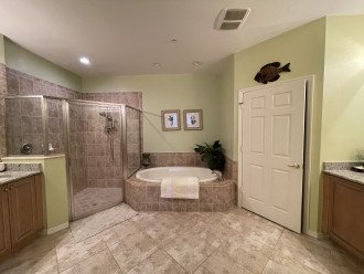 Master bath includes large soaker tub, walk-in shower and twin vanities