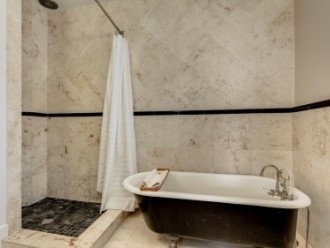 All Coral Stone - Floors & Walls - Separate Rain Shower and 1920's Claw Foot Tub