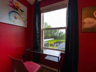 Swan King bedroom with water view, laptop desk/chair, TV