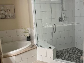 A newly renovated walk-in shower in Master bathroom