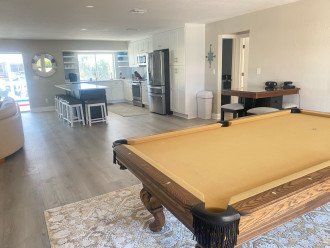 Pool table, kitchen, living area