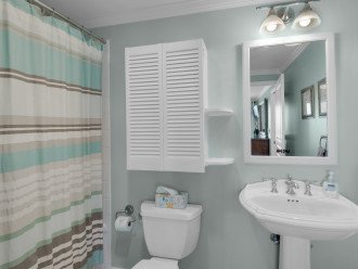 Master bedroom's bathroom, hand soap, hair dryer, tissues, towels