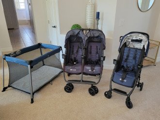 travel crib, double stroller, single stroller, high chair (not pictured) for complimentary use