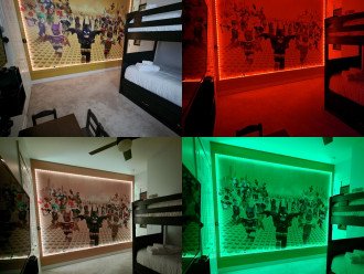 Lego theme room with twin-over-twin bunk beds and a twin size trundle -theme wall border lights up