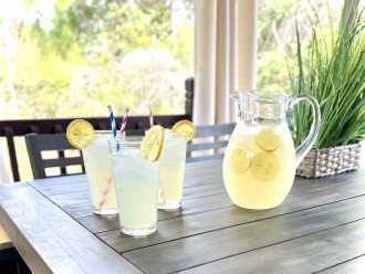 Feel the cool gulf breeze and sip on some lemonade on our covered back patio