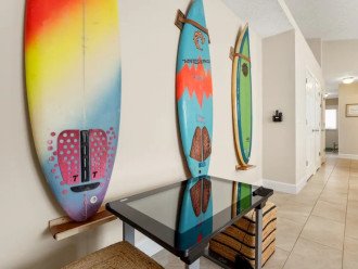 Fun surf boards line the walls.
