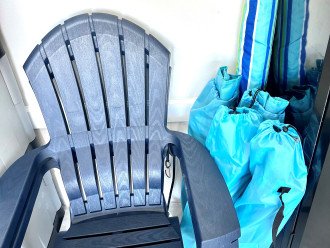 Two Adirondack chairs for the dock, four beach chairs and a beach umbrella