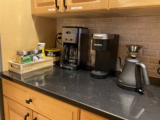 Coffee and Tea Bar: 12 cup drip Cuisinart drip coffee maker; single serve Keurig, 50 oz pour over & kettle