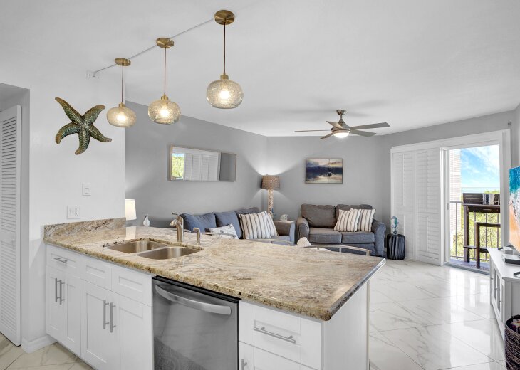 kitchen island with plantation shutters open