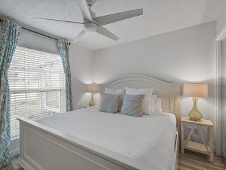 Bright, airy, and cozy master bedroom. Luxurious king bed, adjustable ceiling fan, smart TV and blinds. Extra pillow and blankets are always an option for the utmost comfort!
