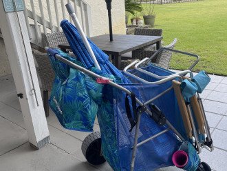 Beach cart, beach chairs, umbrella, mini cooler
