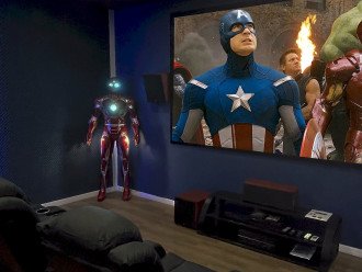 Avenger Themed Movie Theater- Life-Size Iron Man-135" Screen-4K Projector-Ultra Surround Sound