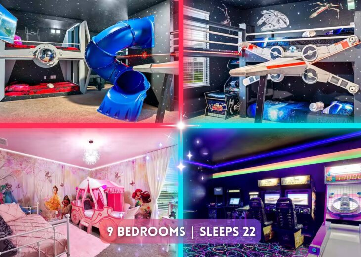 Welcome to Hyperspace Hideaway – your ultimate Disney-themed escape! From galactic bunk beds and royal princess suites to your very own private arcade, this magical home is packed with unforgettable experiences for guests of all ages!