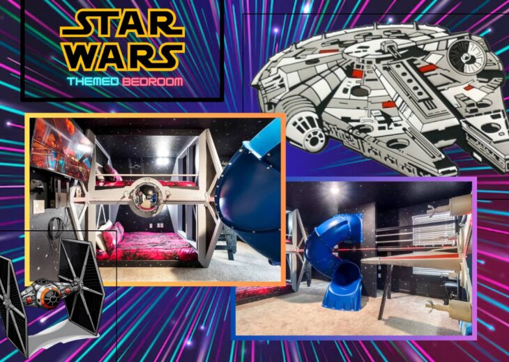 Step into a galaxy far, far away in this epic Star Wars–themed bedroom—complete with starry skies, custom bunk beds, and thrilling space battle decor. Perfect for young Padawans and seasoned Jedi alike!