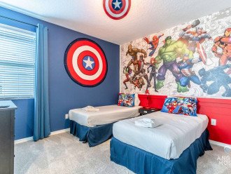Bedroom 3 is Marvel-themed! With 2 twin beds & shares a Jack-n-Jill style bathroom w/ B4.