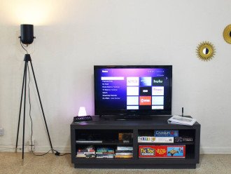 39-inch Insignia HDTV with 25 local HD channels and Roku Stick to stream any online app account you have. It comes with a Roku channel with over 1,200 free movies and shows so there's always something on. Also several books, and board games.