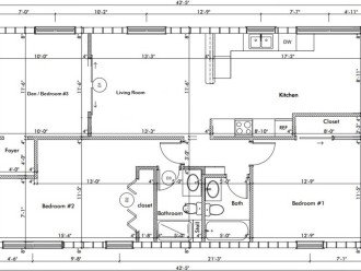 Floor plan of our downtown cottage. Entry on the left-hand side from the driveway. The back kitchen doorway on the right-hand side leads to the private patio and laundry shed.