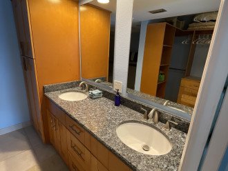 Master bath dbl sinks with closet built ins shown in reflection