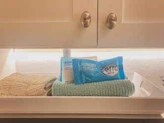 Every booking comes with a starter pack: laundry detergent, dish soap, dish detergent, shower soap, toilet paper and paper towels.