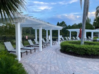 Community Amenities: The resort pool is lined with gorgeous pergolas and lounge chairs.