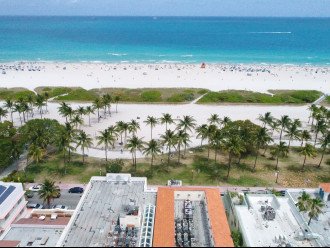 Aerial view over oceanfront Casa Grande South Beach on Miami Beach Boardwalk