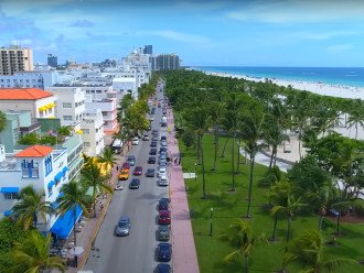Aerial view over oceanfront Casa Grande South Beach on Miami Beach Boardwalk