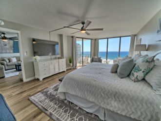 Master bedroom with seating overlooking the Gulf of Mexico and the main lagoon pool