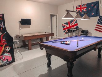 Stunning Modern Pool Table and Bar Dining! Arcade Game Play 60 Games and Air Hockey!