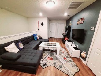 Fun Upstairs Loft Area Features Foosball Table, Retro Arcade Game and Flat Screen TV