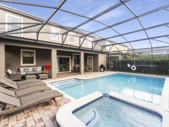 South Facing Pool & Spa, sun loungers, patio table and lounge area, grill