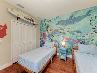3rd bedroom with under-the-sea vibe and two twin beds with plush 10" memory foam mattresses and premium linens. Kids and adults love this room.