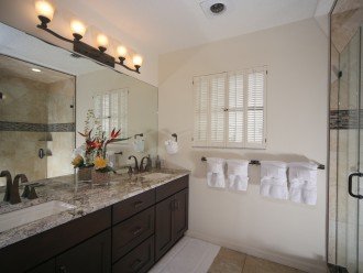 Master bathroom vanity and nice shower.