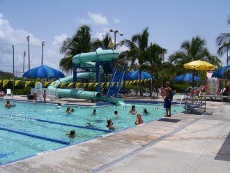 The Bay Oaks Park lap pool with enclosed water slide, kiddie pool at the back