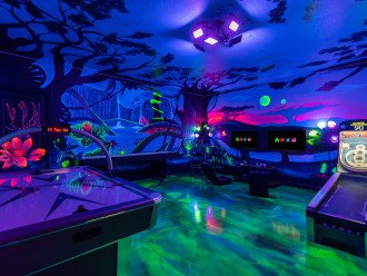 Float away into our dreamy Avatar themed game room. Air hockey, shuffleboard, skeeball, basketball, Old School Arcade game plus XBox & Playstation!
