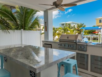 Top-of-the-line outdoor grill/kitchen/bar right at the backyard.
