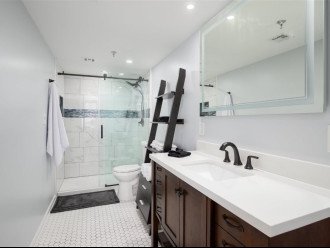 Totally renovated master bath with walk in shower and internally lighted mirror.