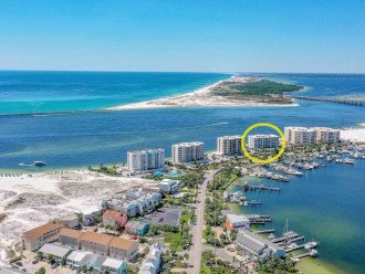 Aerial view of Destin Harbor with Harbor Hideaway