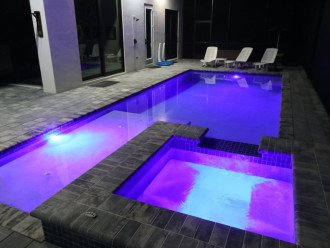 Evening pool & spa with multi color mood lighting