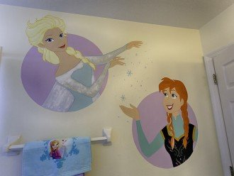 Frozen theme bathroom Anna and Elsa are there as well as Olaf