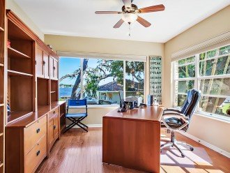 Poolside office space with views of the water