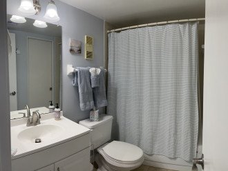 Guest bathroom complete with shower/tub combo.