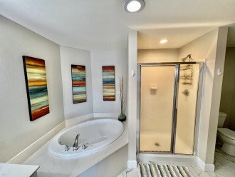 Large walk in shower and separate toilet area.