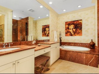 Primary bathroom with his and hers vanities, bathtub and walk-in shower